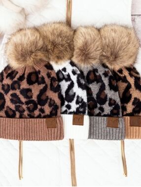 C.C. Leopard Pom Beanie ⚡ Soft Knit Faux Fur Hat | Ivory Mocha Latte Grey | NWT